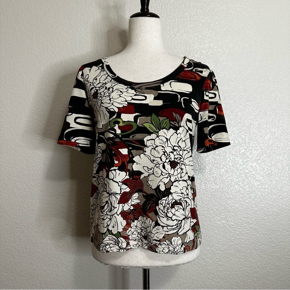 Chico's Brown Floral Short Sleeves Tee, Sz Medium